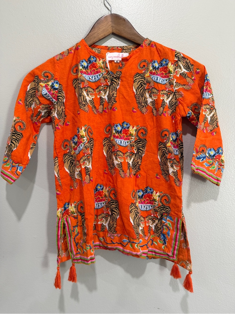 Mary Marshmallow Bright Orange Embroidered Tiger Tunic size 4